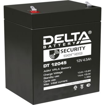 Батарея DELTA серия DT, DT 12045, напряжение 12В, емкость 4.5Ач (разряд 20 часов), макс. ток разряда (5 сек.) 67.5А, макс. ток заряда 1.35А, свинцово-кислотная типа AGM, клеммы F1, ДxШxВ 90х70х101мм., вес 1.55кг., срок службы 5 лет. DT 12045 (12V / 4.5Ah