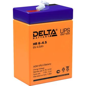 Батарея DELTA серия HR, HR 6-4.5, напряжение 6В, емкость 4.5Ач (разряд 20 часов), макс. ток разряда (5 сек.) 67.5А, макс. ток заряда 1.35А, свинцово-кислотная типа AGM, клеммы F1, ДxШxВ 70х47х101мм., вес 0.85кг., срок службы 8 лет. UPS HR 6-4.5 (6V / 4.5