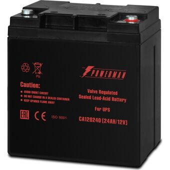 Батарея POWERMAN Battery CA12240, напряжение 12В, емкость 24Ач, макс. ток разряда 360А, макс. ток заряда 7.2А, свинцово-кислотная типа AGM, тип клемм M1, Д/Ш/В 166/126/174, 8.4 кг. CA12240/UPS