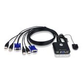 Переключатель, электрон., KVM, 1 user USB+VGA => 2 cpu USB+VGA, со встр.шнурами USB 2x0.9м., 2048x1536, настол., исп.стандарт.шнуры, без OSD, некаскад., (переключение между портами только выносной кнопкой!) ATEN CS22U