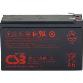 Батарея CSB серия HRL, HRL1234W F2 FR, напряжение 12В, емкость 8.5Ач (разряд 20 часов), 34 Вт/Эл при 15-мин. разряде до U кон. - 1.67 В/Эл при 25 °С, макс. ток разряда (5 сек.) 130А, ток короткого замыкания 367А, макс. ток заряда 3.4A, свинцово-кислотная