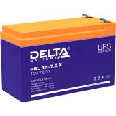 Батарея DELTA серия HRL-X, HRL 12-7,2 X, напряжение 12В, емкость 7.2Ач (разряд 10 часов), макс. ток разряда (5 сек.) 108А, макс. ток заряда 2.16А, свинцово-кислотная типа AGM, клеммы F2, ДxШxВ 151х65х94мм., вес 2.6кг., срок службы 12 лет. UPS HRL 12-7.2