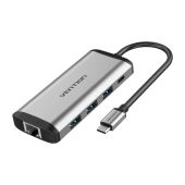 Мультифункциональный хаб Vention USB Type-C M/HDMI F+USB 3.0+TF F+SD F+RJ45+mini jack 3.5 mm F+USB Type-C F (THAHB)