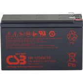 Батарея CSB серия HR, HR1234W F2, напряжение 12В, емкость 8.5Ач (разряд 20 часов), 34 Вт/Эл при 15-мин. разряде до U кон. - 1.67 В/Эл при 25 °С, макс. ток разряда (5 сек.) 130А, ток короткого замыкания 349А, макс. ток заряда 3.4A, свинцово-кислотная типа