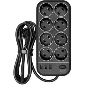 Фильтр-удлинитель PowerCom SP-08 USB03AB 1.8M, 8 розеток, черный, 16А, 4кВт, 175Дж, 3*USB, защитные шторки, защита от КЗ, перегрузки, ВЧ и импульсных помех, кабель 3x1 мм2, ШхГхВ 230х105х45 мм, вес 0.55 кг. 